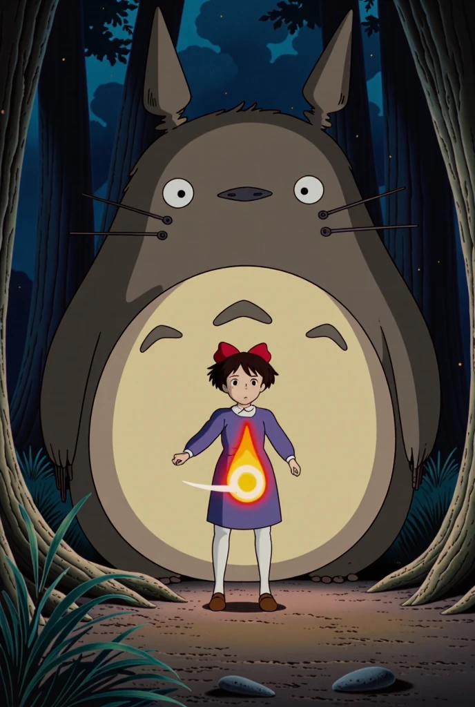 "A climactic moment where a young woman named Kiki, with short black hair and a red ribbon, stands victorious over a large beast named Totoro. Kiki holds a small, mystical jar in front of her, drawing Totoro into it with a powerful sealing spell. The jar glows with a supernatural light, and swirling magical energy encircles Totoro as he begins to be pulled toward the jar. Kiki’s expression is intense yet calm, showing determination in her eyes as she completes the seal. The surrounding forest scene is calm, with leaves gently falling, creating a contrast to the dramatic spellbinding moment."






