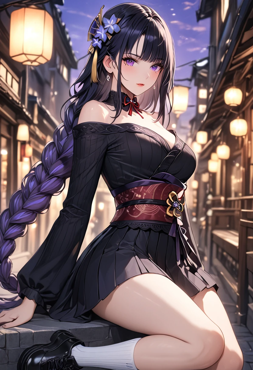 a girl , long sleeves striped turtleneck, brown short coat, off-the-shoulder, black high waist belt, pleated skirt, high top canvas shoes, white socks, beautiful detailed eyes, beautiful detailed lips, extremely detailed eyes and face, long eyelashes, intricate, elegant, fashion style, (best quality, 4k, 8k, highres, masterpiece:1.2), ultra-detailed,HDR, UHD, studio lighting, ultra-fine painting, sharp focus, physically-based rendering, extreme detail description, professional, vivid colors, bokeh, cinematic lighting, warm color tone, city, street, whole body, city background, raiden shogun, braid, braided ponytail, hair flower, hair ornament, long hair, mole, mole under eye, purple eyes, purple flower, purple hair, single braid, sidelocks,
