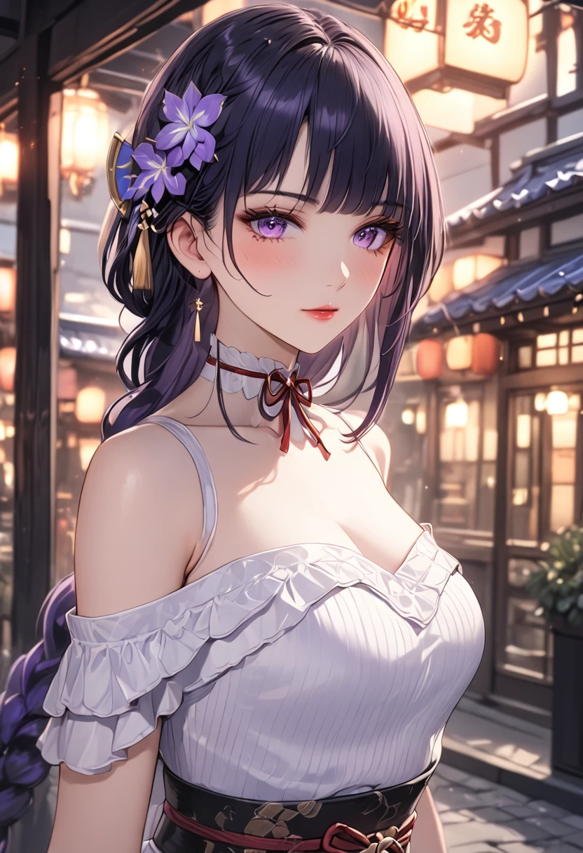 a girl , long sleeves striped turtleneck, brown short coat, off-the-shoulder, black high waist belt, pleated skirt, high top canvas shoes, white socks, beautiful detailed eyes, beautiful detailed lips, extremely detailed eyes and face, long eyelashes, intricate, elegant, fashion style, (best quality, 4k, 8k, highres, masterpiece:1.2), ultra-detailed,HDR, UHD, studio lighting, ultra-fine painting, sharp focus, physically-based rendering, extreme detail description, professional, vivid colors, bokeh, cinematic lighting, warm color tone, city, street, whole body, city background, raiden shogun, braid, braided ponytail, hair flower, hair ornament, long hair, mole, mole under eye, purple eyes, purple flower, purple hair, single braid, sidelocks,
