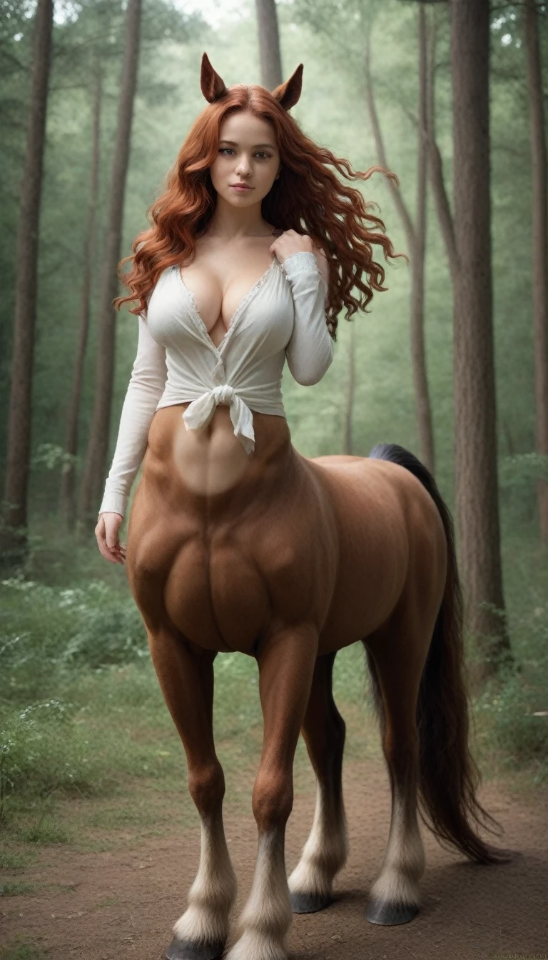 fictional character, female centaur, lower body, solo, 1girl, luxury sleeveless turtleneck tops, fingersmile, own hands together, foggy atmosphere, Craspedia \(flower\), floral background