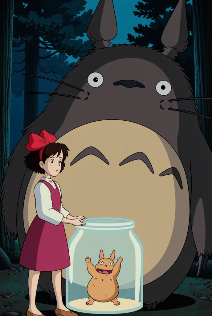 "A victorious scene where a young woman named Kiki, with short black hair and a red ribbon, watches as her opponent, a large beast named Totoro, is being slowly drawn into a small mystical jar. Totoro appears to be shrinking as he is pulled in, with swirling magical energy spiraling around him and into the jar. Kiki stands firmly, holding the jar with one hand, her expression calm yet triumphant. Gentle, mystical light emanates from the jar, illuminating the scene against a tranquil forest background. The contrast of the serene setting and the dramatic sealing moment adds a captivating atmosphere."