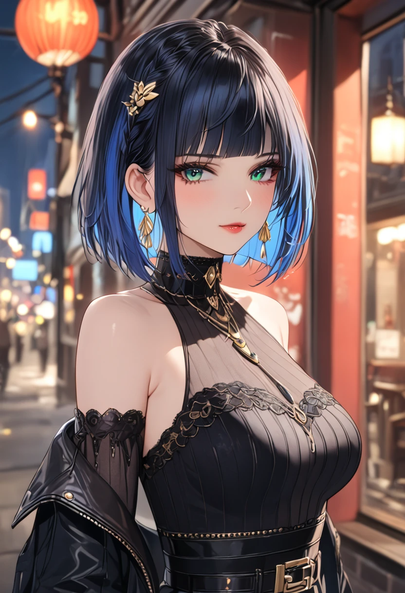 a girl , long sleeves striped turtleneck, brown short coat, off-the-shoulder, black high waist belt, pleated skirt, high top canvas shoes, white socks, beautiful detailed eyes, beautiful detailed lips, extremely detailed eyes and face, long eyelashes, intricate, elegant, fashion style, (best quality, 4k, 8k, highres, masterpiece:1.2), ultra-detailed,HDR, UHD, studio lighting, ultra-fine painting, sharp focus, physically-based rendering, extreme detail description, professional, vivid colors, bokeh, cinematic lighting, warm color tone, city, street, whole body, city background, yelan, black hair, blue hair, eyebrows hidden by hair, green eyes, multicolored hair, short hair,