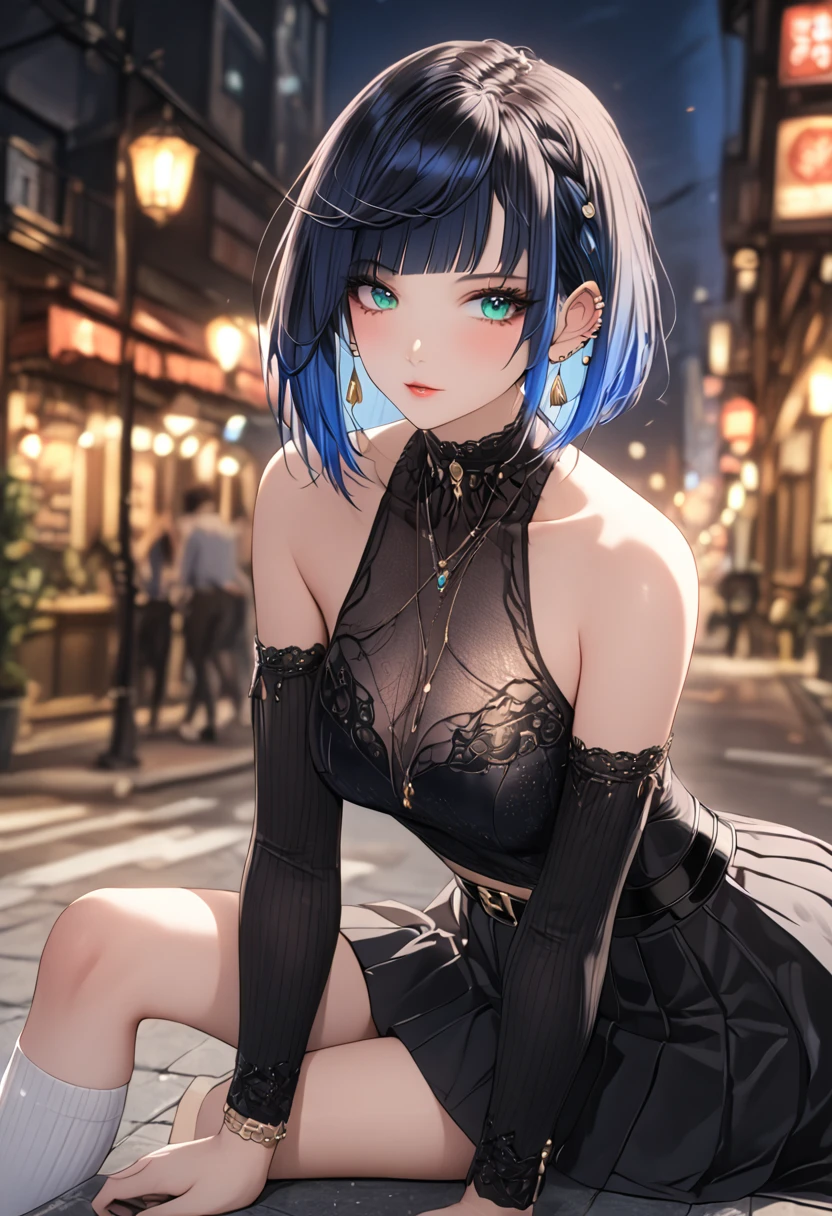 a girl , long sleeves striped turtleneck, brown short coat, off-the-shoulder, black high waist belt, pleated skirt, high top canvas shoes, white socks, beautiful detailed eyes, beautiful detailed lips, extremely detailed eyes and face, long eyelashes, intricate, elegant, fashion style, (best quality, 4k, 8k, highres, masterpiece:1.2), ultra-detailed,HDR, UHD, studio lighting, ultra-fine painting, sharp focus, physically-based rendering, extreme detail description, professional, vivid colors, bokeh, cinematic lighting, warm color tone, city, street, whole body, city background, yelan, black hair, blue hair, eyebrows hidden by hair, green eyes, multicolored hair, short hair,