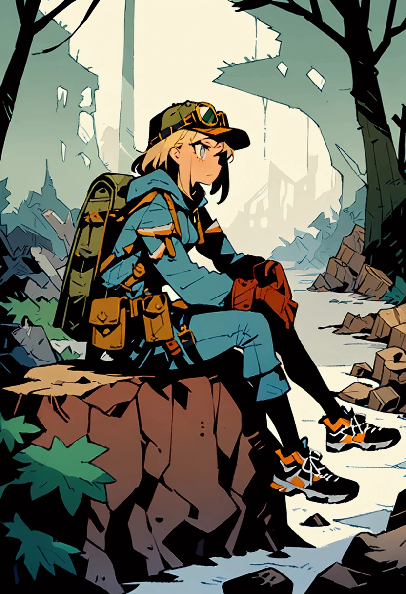 超 Details、 best quality、masterpiece、 cartoon style 、 Details、 best quality、masterpiece、a girl、Beige Hair、 unkempt hair、 medium hair、Short pants、Backpacks、gloves、 hoodie、belt、Pouch、 stockings、Military、sneakers、hat with goggles、ruins、forest、 sitting on a rock