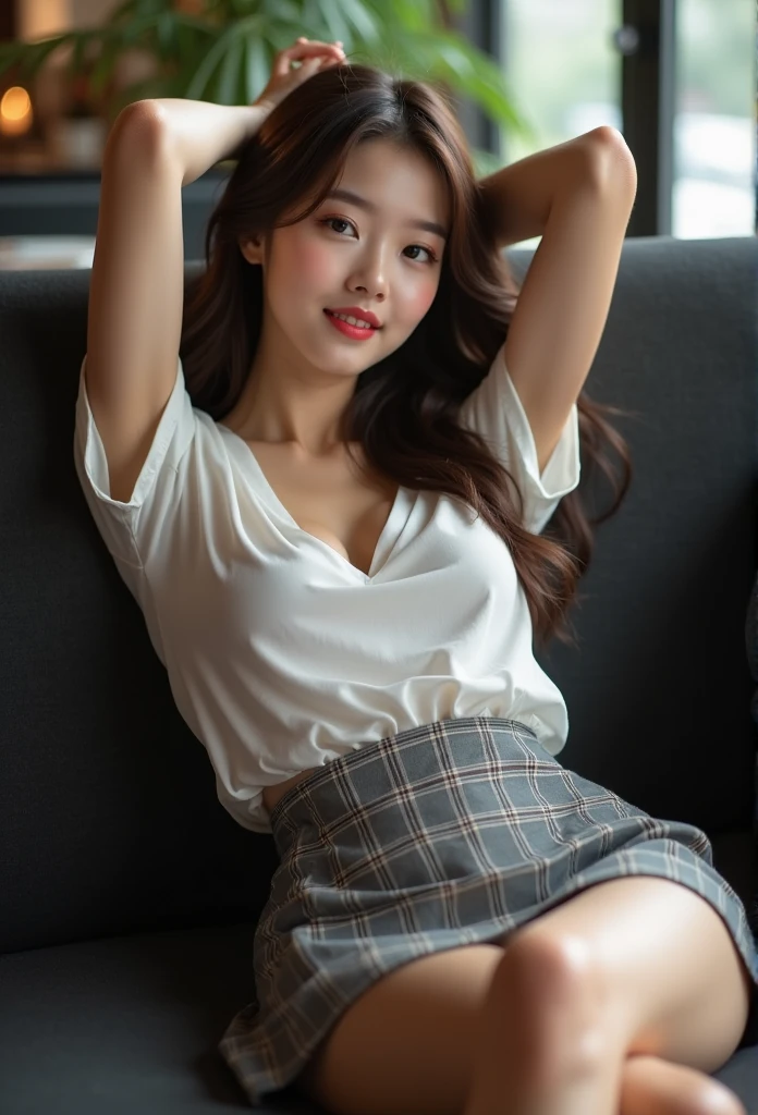 (( best quality , 8K, masterpiece: 1.3)),  beautiful Korean girl , Pure, Oval face, Kind and cute ,  faint smile , Pure desire, Slender body, (forward), (Tilting your head),  long brown wavy hair , Wind blows hair,  long and smooth shoulders ,  Big round dark eyes ,  Clear Big Eyes , Hydrating red lips, Sweet,  lying on a comfortable black sofa,Legs open,In the coffee shop,  blurry background ,  bright lighting , Open your mouth, Pleading eyes, ((((whole body)))),  sexy slender legs , (Big Breasts:1.3),  lift your skirt, ((Slim muscular body )), (m-legs:1.5), (( lift up her dress :1.5)),  wear a white short-sleeved shirt , (Cardigan:1.3),  gray plaid pencil skirt , White underwear, Tilting your head, (Raise your arms, Arms raised), Focus on her legs