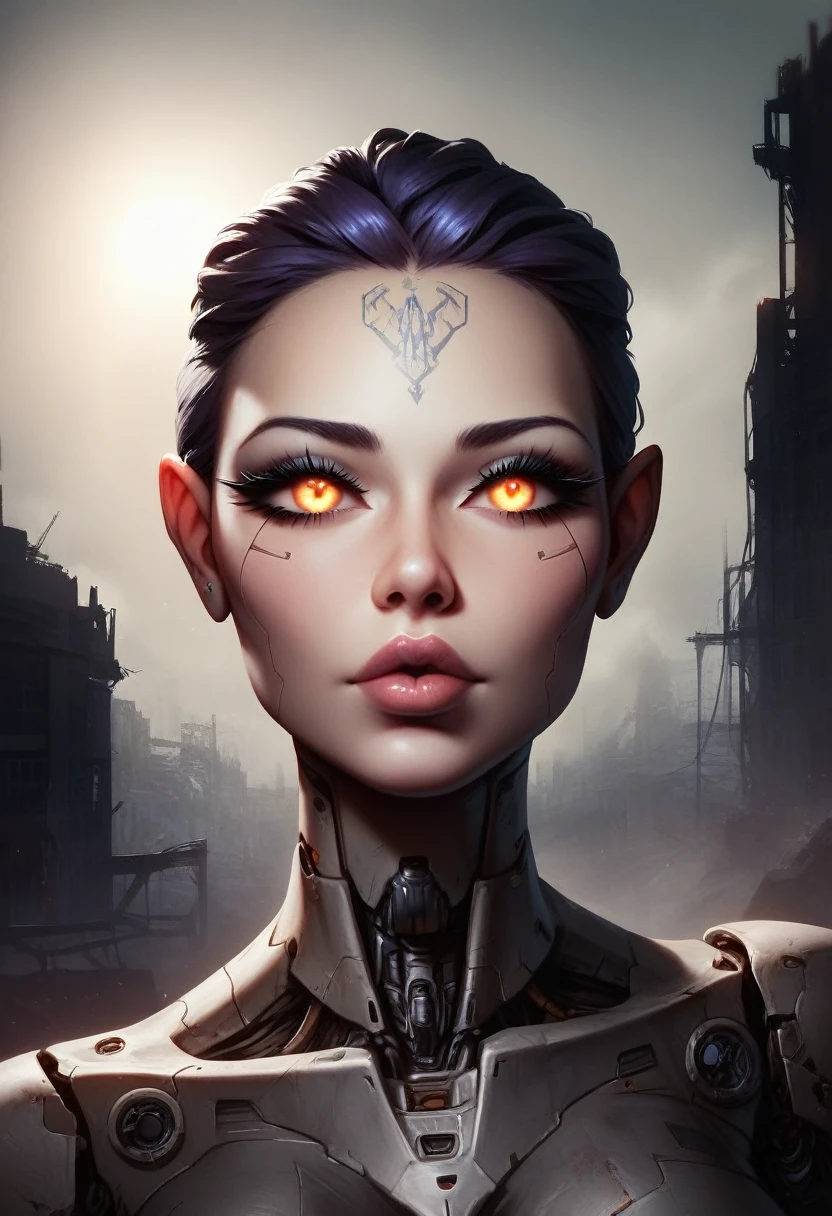 A highly detailed portrait of a technologically advanced ancient alien in a post-apocalyptic cityscape, beautiful detailed eyes, beautiful detailed lips, extremely detailed face and features, long eyelashes, cyborg, futuristic, advanced technology, glowing circuits, mechanical parts, post-apocalyptic environment, ruined city, dystopian, abandoned buildings, overgrown vegetation, moody lighting, dramatic shadows, cinematic, muted color palette, photorealistic, 8k, ultra-detailed, masterpiece, digital art