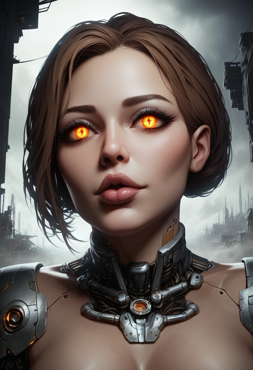 A highly detailed portrait of a technologically advanced ancient alien in a post-apocalyptic cityscape, beautiful detailed eyes, beautiful detailed lips, extremely detailed face and features, long eyelashes, cyborg, futuristic, advanced technology, glowing circuits, mechanical parts, post-apocalyptic environment, ruined city, dystopian, abandoned buildings, overgrown vegetation, moody lighting, dramatic shadows, cinematic, muted color palette, photorealistic, 8k, ultra-detailed, masterpiece, digital art