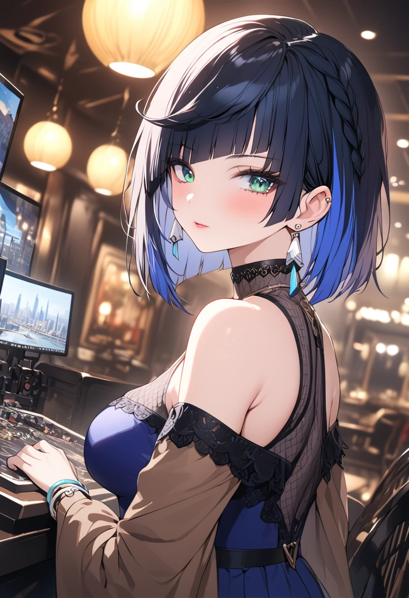 a girl , long sleeves striped turtleneck, brown short coat, off-the-shoulder, black high waist belt, pleated skirt, high top canvas shoes, white socks, beautiful detailed eyes, beautiful detailed lips, extremely detailed eyes and face, long eyelashes, intricate, elegant, fashion style, (best quality, 4k, 8k, highres, masterpiece:1.2), ultra-detailed,HDR, UHD, studio lighting, ultra-fine painting, sharp focus, physically-based rendering, extreme detail description, professional, vivid colors, bokeh, cinematic lighting, warm color tone, city, street, whole body, city background, yelan, black hair, blue hair, eyebrows hidden by hair, green eyes, multicolored hair, short hair,
