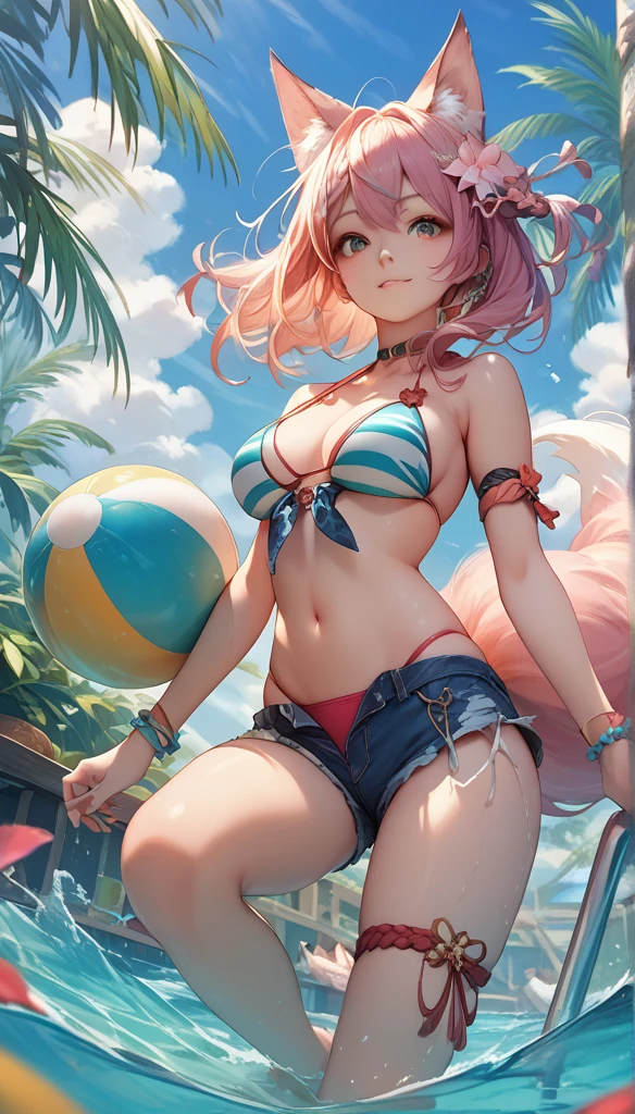 masterpiece, High resolution , Shorts, 1 Girl, ball, Tail,animal_ear, swimsuit, Short_Shorts, stripe,  bikini, fox_ear,  unique, fox_Tail, stripe_ bikini