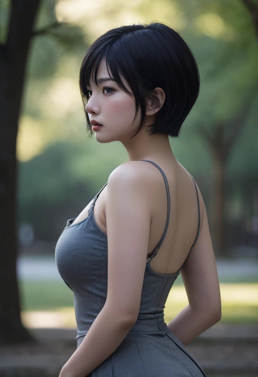 "Midnight in a park, a cute female warrior standing alone with a worried expression. She has a voluptuous bust, emphasized beneath her fitted top, and her short black hair gives her a striking appearance. Her entire figure is shown, capturing her delicate, vulnerable demeanor in the soft moonlight, highlighting her curves and the uneasy tension in her posture."
