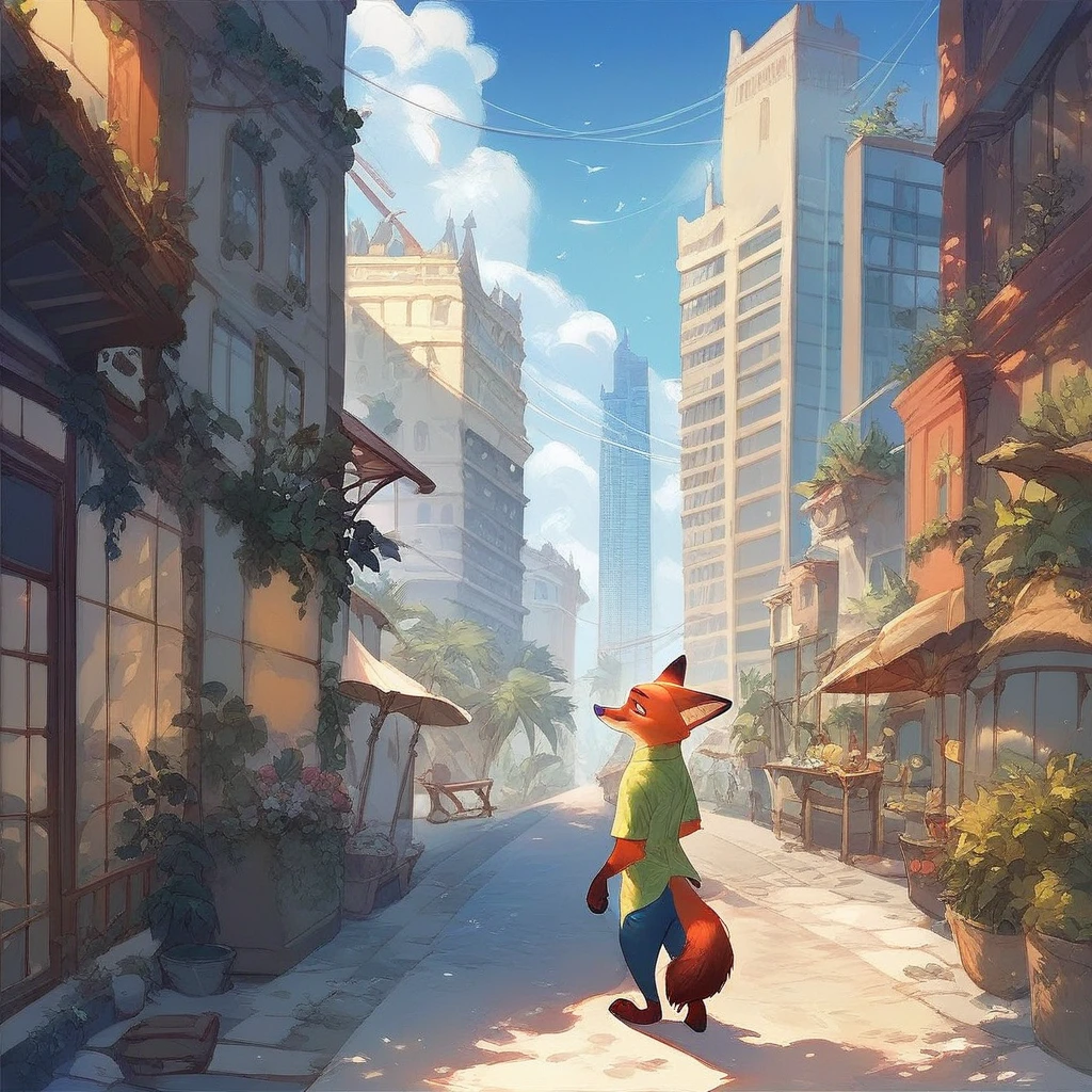 City, solo, ((score_9, score_8, score_7)), Expressiveh, (highly detailed), detailed background, unique pose, beautiful, anthro, furry, male, Nick Wilde (Zootopia), full body, muscular body