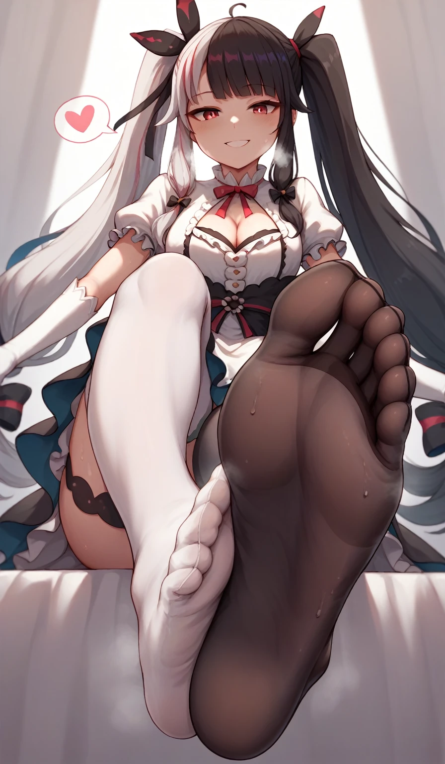 rena, twintails, very long hair, white gloves, puffy short sleeves, cleavage cutout, two-tone dress, asymmetrical legwear, mismatched legwear, thighhighs, black thighhighs on left leg, white thighhighs on right leg,  Sitting at the bet, Low Angle, Foot Focus, Perfect feet, Anatomically correct, kind smile, spoken heart, {{{vulgarity}}}, breath, heavy breathing, breathless, foot sweat, perspired, humid, looking down at viewer,