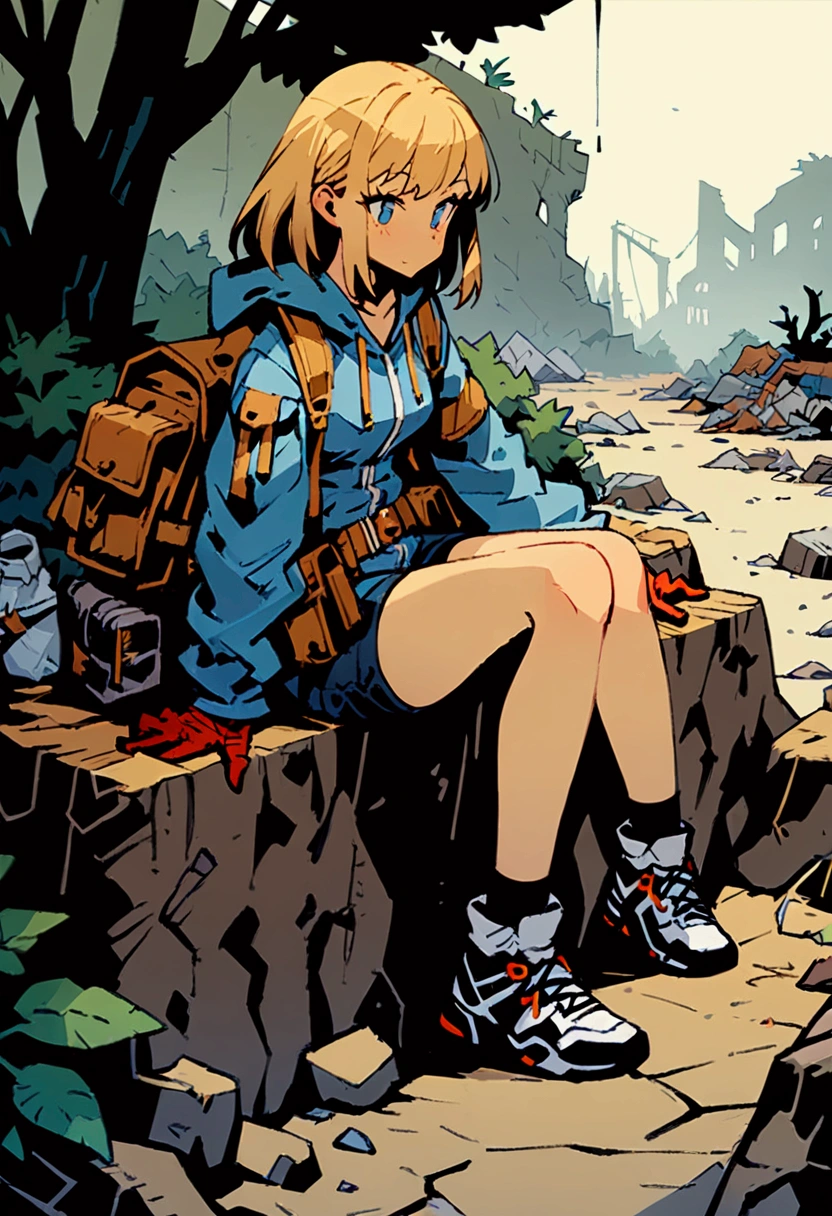 超 Details、 best quality、masterpiece、 cartoon style 、 Details、 best quality、masterpiece、a girl、Beige Hair、 unkempt hair、 medium hair、Short pants、Backpacks、gloves、 hoodie、belt、Pouch、 stockings、Military、sneakers、ruins、tree、plant、 sitting on a rock、rubbish