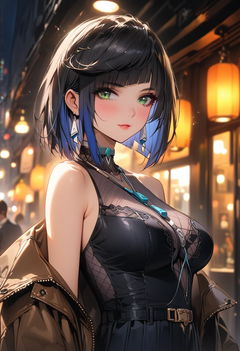 a girl , long sleeves striped turtleneck, brown short coat, off-the-shoulder, black high waist belt, pleated skirt, high top canvas shoes, white socks, beautiful detailed eyes, beautiful detailed lips, extremely detailed eyes and face, long eyelashes, intricate, elegant, fashion style, (best quality, 4k, 8k, highres, masterpiece:1.2), ultra-detailed,HDR, UHD, studio lighting, ultra-fine painting, sharp focus, physically-based rendering, extreme detail description, professional, vivid colors, bokeh, cinematic lighting, warm color tone, city, street, whole body, city background, yelan, black hair, blue hair, eyebrows hidden by hair, green eyes, multicolored hair, short hair,
