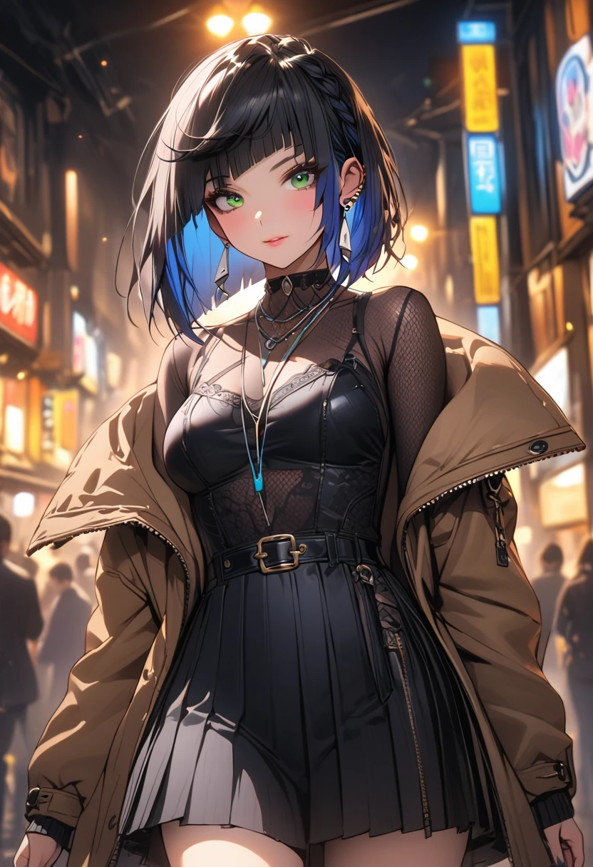 a girl , long sleeves striped turtleneck, brown short coat, off-the-shoulder, black high waist belt, pleated skirt, high top canvas shoes, white socks, beautiful detailed eyes, beautiful detailed lips, extremely detailed eyes and face, long eyelashes, intricate, elegant, fashion style, (best quality, 4k, 8k, highres, masterpiece:1.2), ultra-detailed,HDR, UHD, studio lighting, ultra-fine painting, sharp focus, physically-based rendering, extreme detail description, professional, vivid colors, bokeh, cinematic lighting, warm color tone, city, street, whole body, city background, yelan, black hair, blue hair, eyebrows hidden by hair, green eyes, multicolored hair, short hair,
