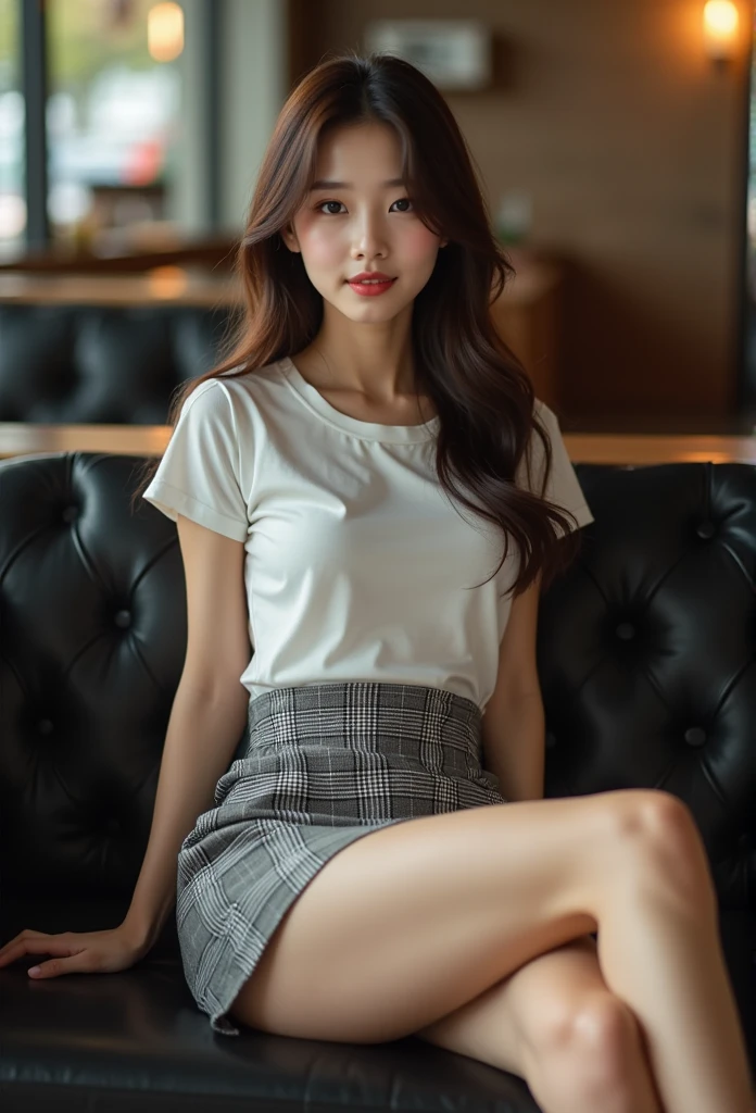 (( best quality , 8K, masterpiece: 1.3)),  beautiful Korean girl , Pure, Oval face, Kind and cute ,  faint smile , Pure desire, Slender body, (forward), (Tilting your head),  long brown wavy hair , Wind blows hair,  long and smooth shoulders ,  Big round dark eyes ,  Clear Big Eyes , Hydrating red lips, Sweet,  lying on a comfortable black sofa,Legs open,In the coffee shop,  blurry background ,  bright lighting , Open your mouth, Pleading eyes, ((((whole body)))),  sexy slender legs , (Big Breasts:1.3),  lift your skirt, ((Slim muscular body )), (m-legs:1.5), (( lift up her dress :1.5)),  wear a white short-sleeved shirt , (Cardigan:1.3),  gray plaid pencil skirt , White underwear, Tilting your head, (Raise your arms, Arms raised), Focus on her legs