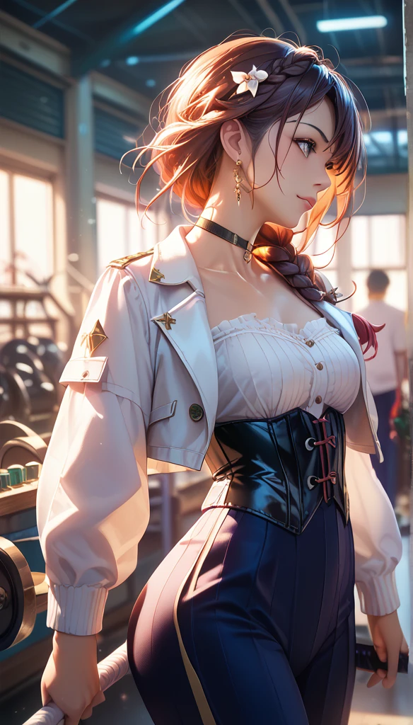 1 Girl, Portrait of a beautiful lobapex, sports,  White jacket , Corset, skirt, pants,  dark hair, Red Hair, braid, cosmetic, choker, Lysis, Wide hips, Volumetric Lighting,  best quality , masterpiece,  intricate details, Tone Mapping,  clearly focused ,   Very Detailed ,  is popular on ArtStation ,  actual   