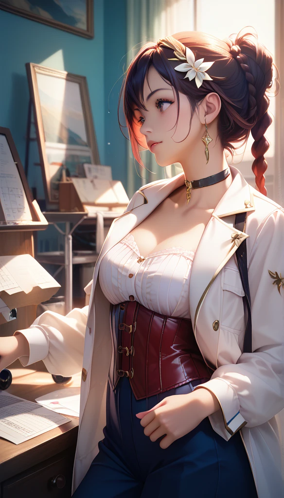 1 Girl, Portrait of a beautiful lobapex, sports,  White jacket , Corset, skirt, pants,  dark hair, Red Hair, braid, cosmetic, choker, Lysis, Wide hips, Volumetric Lighting,  best quality , masterpiece,  intricate details, Tone Mapping,  clearly focused ,   Very Detailed ,  is popular on ArtStation ,  actual   