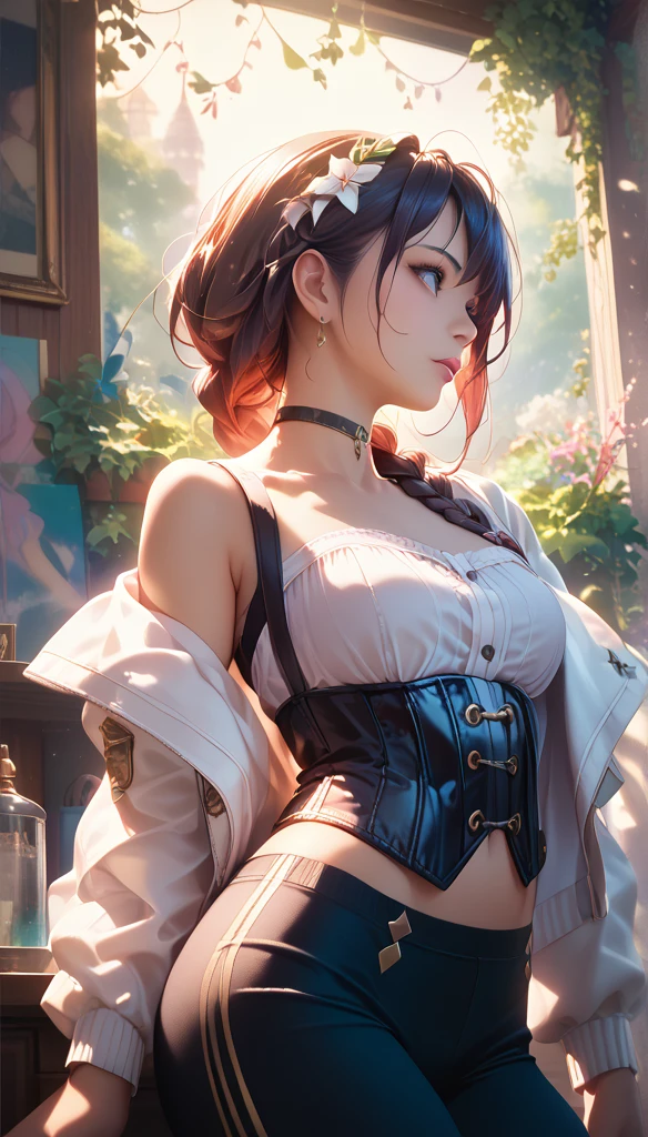 1 Girl, Portrait of a beautiful lobapex, sports,  White jacket , Corset, skirt, pants,  dark hair, Red Hair, braid, cosmetic, choker, Lysis, Wide hips, Volumetric Lighting,  best quality , masterpiece,  intricate details, Tone Mapping,  clearly focused ,   Very Detailed ,  is popular on ArtStation ,  actual   