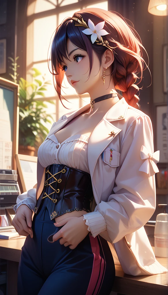 1 Girl, Portrait of a beautiful lobapex, sports,  White jacket , Corset, skirt, pants,  dark hair, Red Hair, braid, cosmetic, choker, Lysis, Wide hips, Volumetric Lighting,  best quality , masterpiece,  intricate details, Tone Mapping,  clearly focused ,   Very Detailed ,  is popular on ArtStation ,  actual   