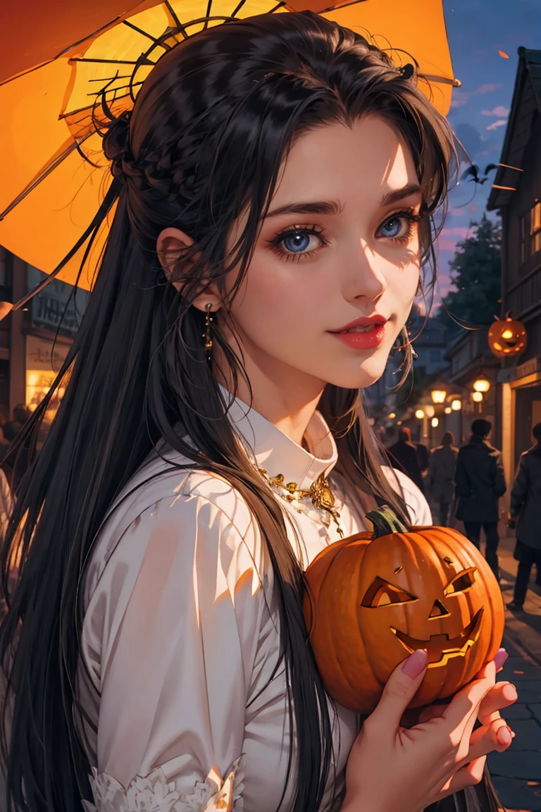 1girl, vampire, beautiful detailed eyes, beautiful detailed lips, extremely detailed face, long eyelashes, pumpkin basket, full of candies, halloween street, portrait, anime style, cute, clean detailed anime art, smiling