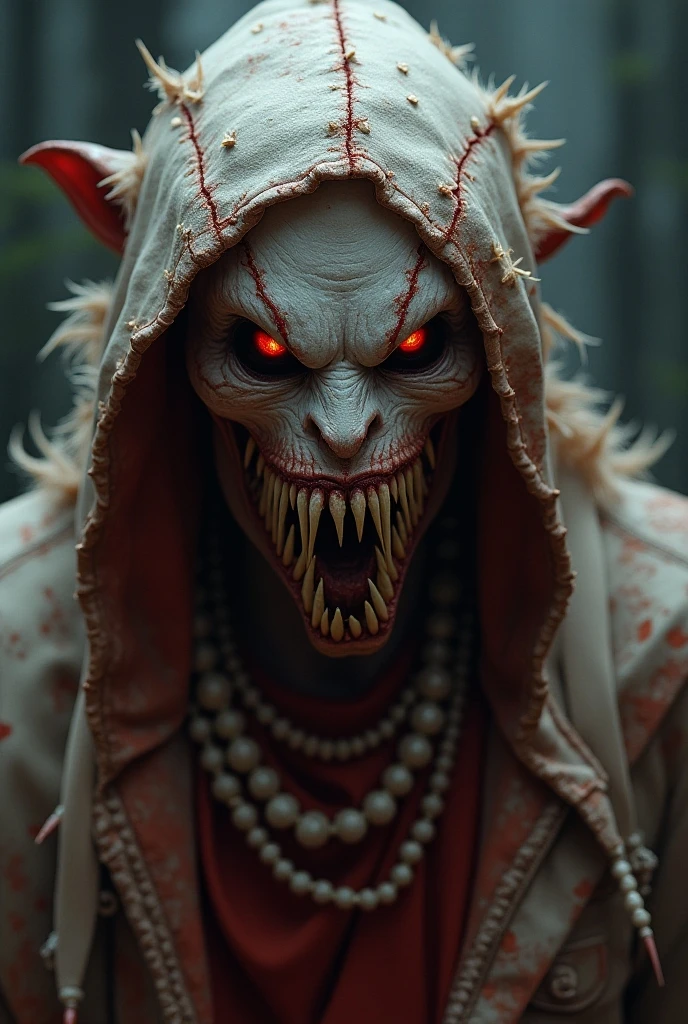 **Prompt:** Create an ultra-realistic 8K resolution image of Ittan-Momen, a mythical creature from Japanese folklore, transformed into an ultimate horror figure while retaining its iconic features. The figure remains a long, ghostly white cloth that twists and coils menacingly in the air, but now it takes on a more sinister appearance. The cloth appears tattered and frayed at the edges, with dark, bloodstained patches adding a gruesome element.
At the center of this twisted form emerges a terrifying, skeletal face with hollow, glowing eyes that pierce through the darkness. The mouth is agape, revealing sharp, jagged teeth as if ready to devour anything in its path. Her hair is like strands of dark, tangled web, floating around her as if caught in a perpetual, unnatural wind. The background is a desolate, eerie landscape bathed in the pale light of a full moon, with twisted trees and fog creeping along the ground. The scene captures the malevolent and terrifying nature of Ittan-Momen, now fully realized as a nightmarish horror.