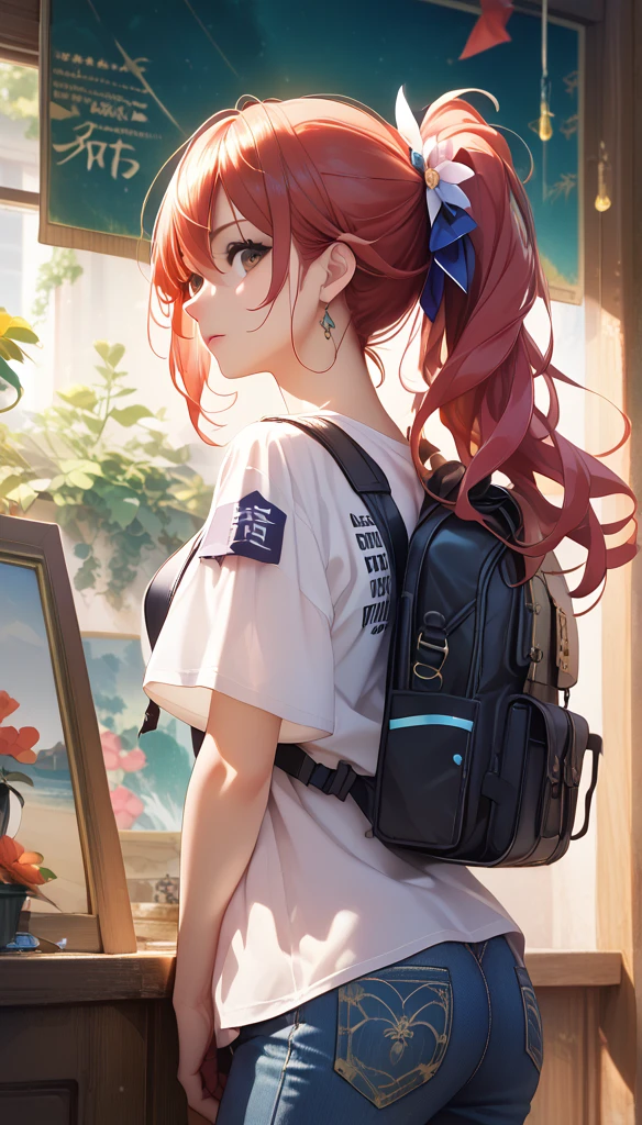 (painting) ((masterpiece,  best quality )) (Character design sheet, Same character, forward, side, Back, There are words written around) Long hair woman, Red Hair and Ponytail Hairstyle, Brown eyes, Wearing a bulletproof vest, One zip-up long-sleeved T-shirt, White shirt and jeans, Backpack, Stand and relax