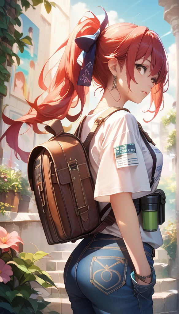 (painting) ((masterpiece,  best quality )) (Character design sheet, Same character, forward, side, Back, There are words written around) Long hair woman, Red Hair and Ponytail Hairstyle, Brown eyes, Wearing a bulletproof vest, One zip-up long-sleeved T-shirt, White shirt and jeans, Backpack, Stand and relax