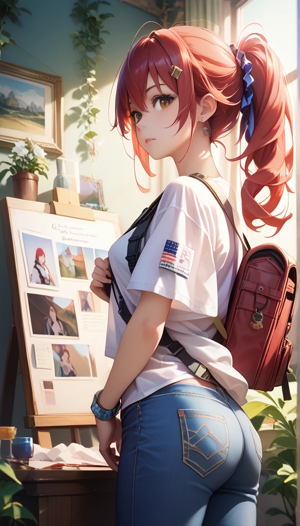 (painting) ((masterpiece,  best quality )) (Character design sheet, Same character, forward, side, Back, There are words written around) Long hair woman, Red Hair and Ponytail Hairstyle, Brown eyes, Wearing a bulletproof vest, One zip-up long-sleeved T-shirt, White shirt and jeans, Backpack, Stand and relax