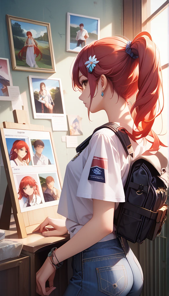 (painting) ((masterpiece,  best quality )) (Character design sheet, Same character, forward, side, Back, There are words written around) Long hair woman, Red Hair and Ponytail Hairstyle, Brown eyes, Wearing a bulletproof vest, One zip-up long-sleeved T-shirt, White shirt and jeans, Backpack, Stand and relax