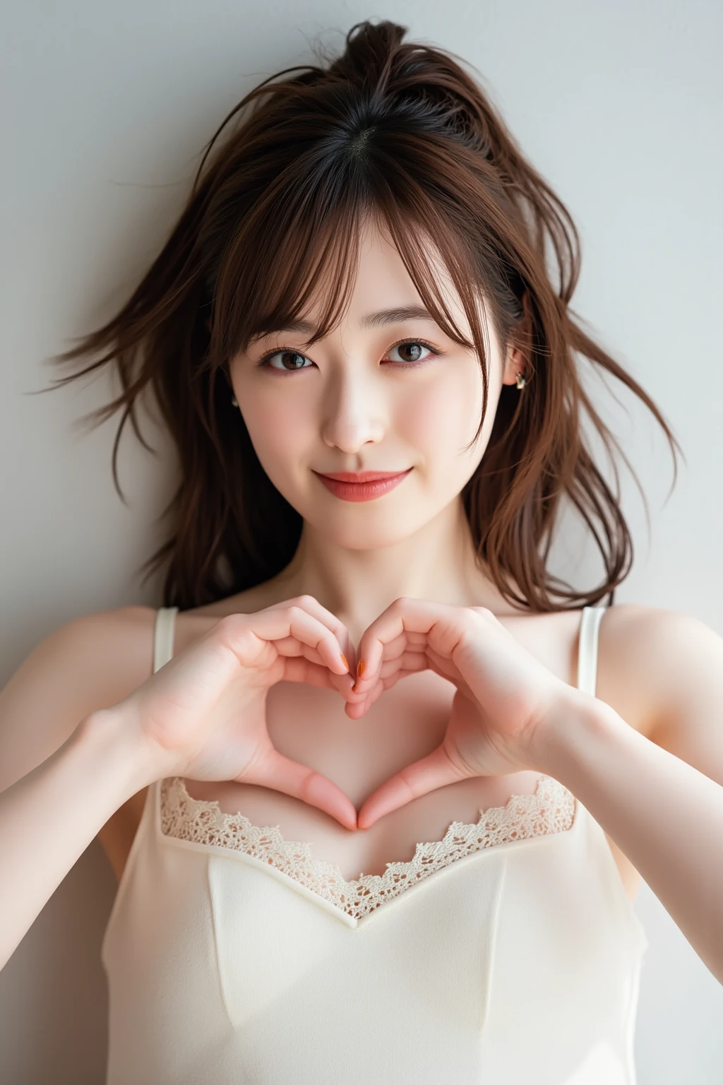 She is in a pose wearing a sexy camisole, making a firm big heart shape with both hands, and holding it in front of her chest, Close-up of a smiling face

