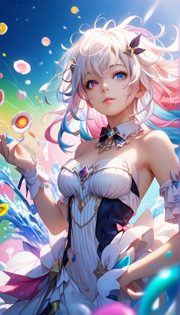 (((masterpiece))),((( best quality ))),(( super detailed)),(illustration),( dynamic angle), ((floating)),(coating),((  messy hair)), ( unique),(1 Girl), ((Small_breast)), ((( detailed animal face ))),((Beautiful detailed face)),collar,Bare shoulders,  White hair, ((Colored hair)),((Mottled hair )),   detailed and beautiful eyes in the 1980s  ,(Gradient eyes),(((Colored eyes))), (((Colorful background))),(((high saturation))),(((Surrounded by colorful splashes))),(((Surrounded by colored dots ))),Colorful bubbles,((shining))