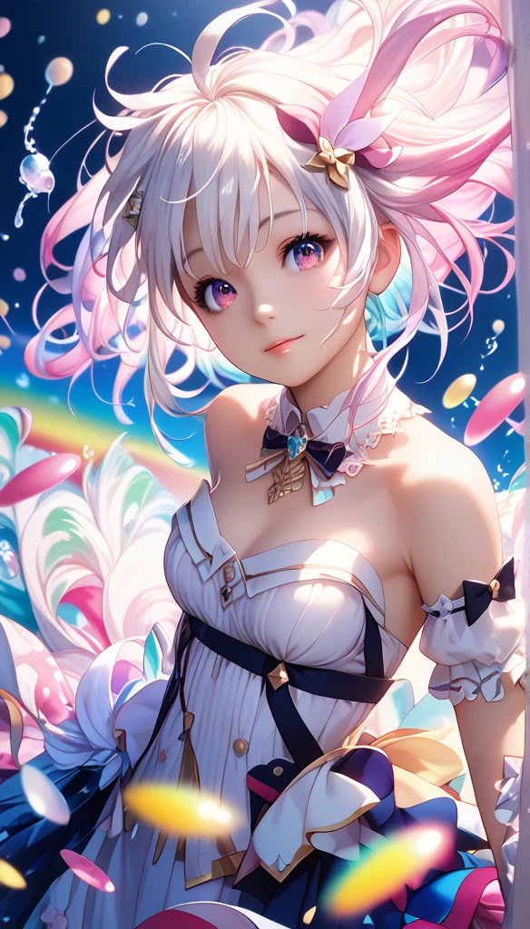 (((masterpiece))),((( best quality ))),(( super detailed)),(illustration),( dynamic angle), ((floating)),(coating),((  messy hair)), ( unique),(1 Girl), ((Small_breast)), ((( detailed animal face ))),((Beautiful detailed face)),collar,Bare shoulders,  White hair, ((Colored hair)),((Mottled hair )),   detailed and beautiful eyes in the 1980s  ,(Gradient eyes),(((Colored eyes))), (((Colorful background))),(((high saturation))),(((Surrounded by colorful splashes))),(((Surrounded by colored dots ))),Colorful bubbles,((shining))