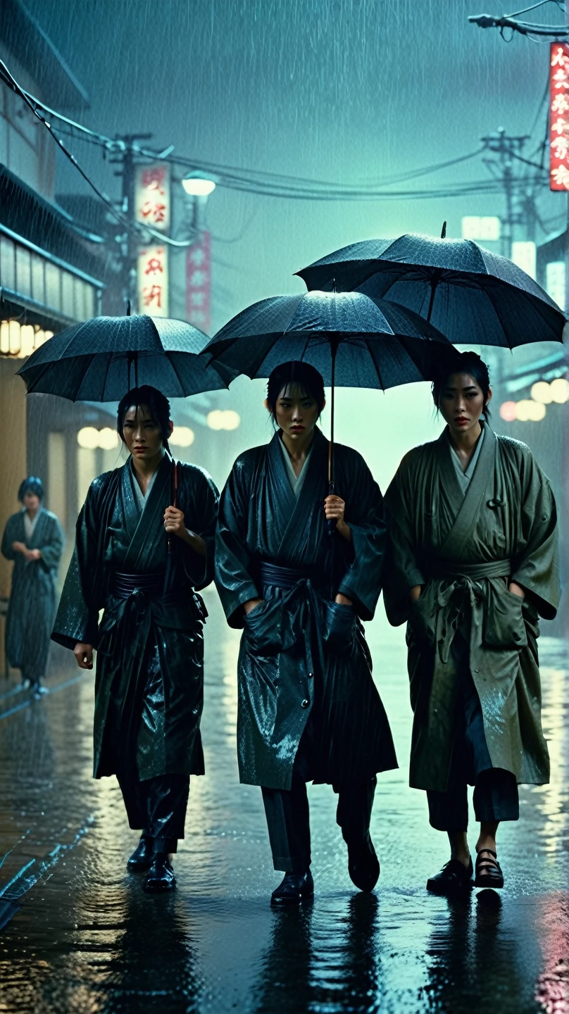 "Four characters standing together in a heavy rain, cinematic shot, tense and dramatic atmosphere, reminiscent of vintage Japanese drama posters, soft film grain, muted colors with dark and moody lighting, intense expressions on faces, each character embodying a mix of resilience and emotion, background blurred by rain, capturing the feeling of hardship and connection, 1980s Japanese film aesthetic, classic typography on the side."