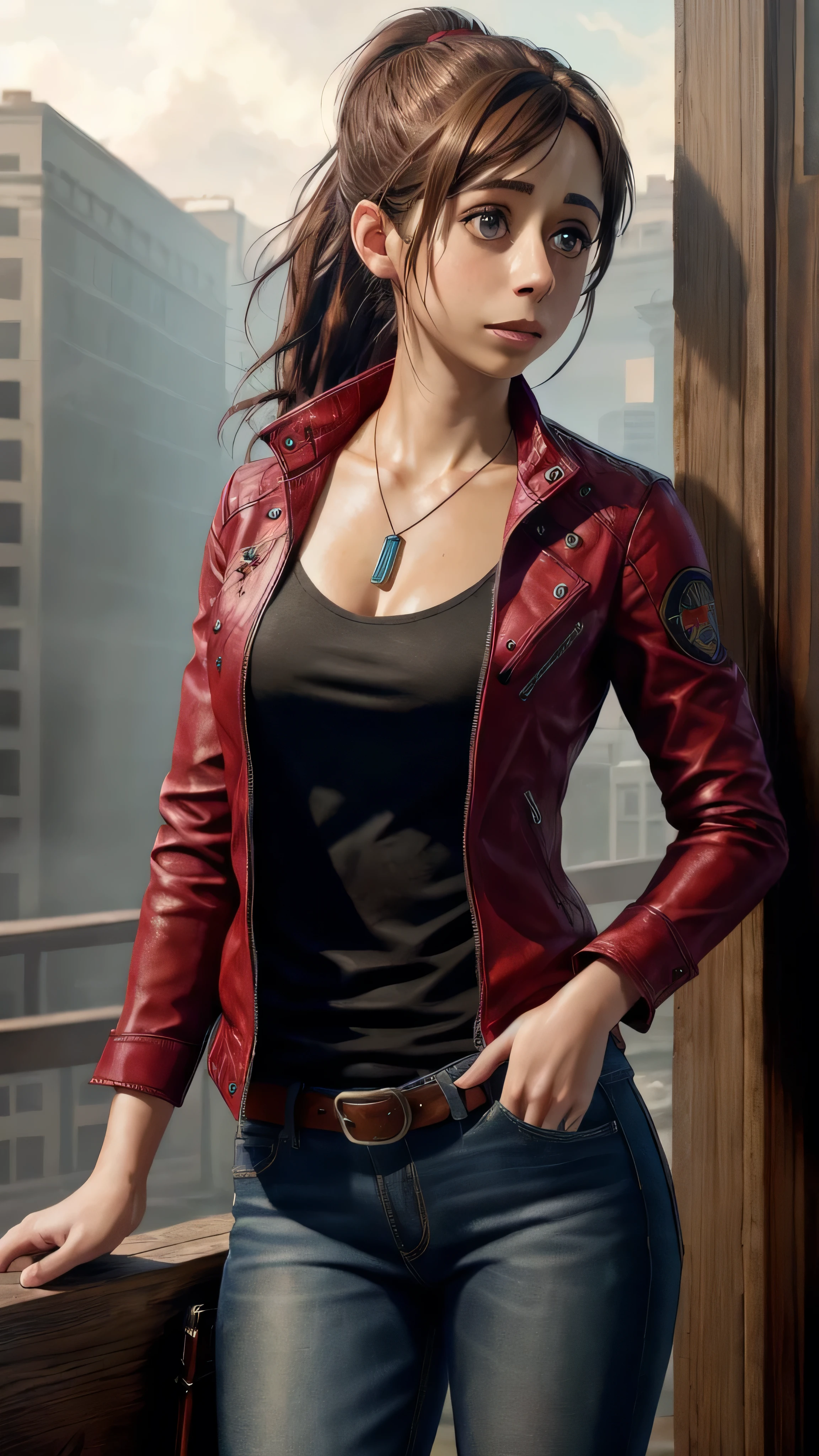 (Cristin Milioti) as Claire Redfield, blue eyes, brown hair, ponytail, jewelry, jacket, red jacket, jeans, belt, pants, necklace, (insanely detailed, beautiful detailed face, masterpiece, best quality), cinematic lighting, 1woman, solo, (full body view), front view, looking at viewer, intricate, high detail, sharp focus, dramatic, photorealistic painting art by greg rutkowski