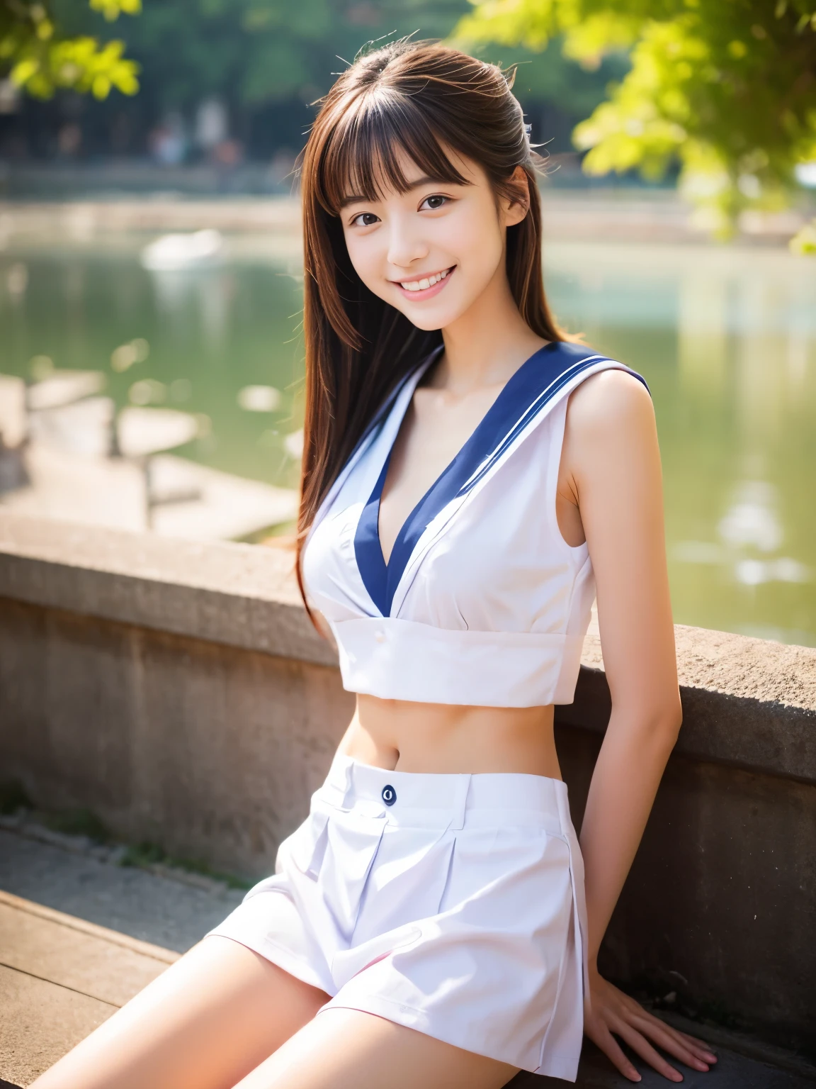 cute, アイドルのようにcute16歳の高校生、High School Uniform、Young cute face、Very short、Smiling Kindly、High school suburban classes、High はCleavageが見えるデザイン、Small breasts、Cleavage、Nipples are visible、Forest Park、Dim lighting、whole body、RAW Photos、Genuine、Real、realism、Raw photo、High resolution、Life、No copyright notice