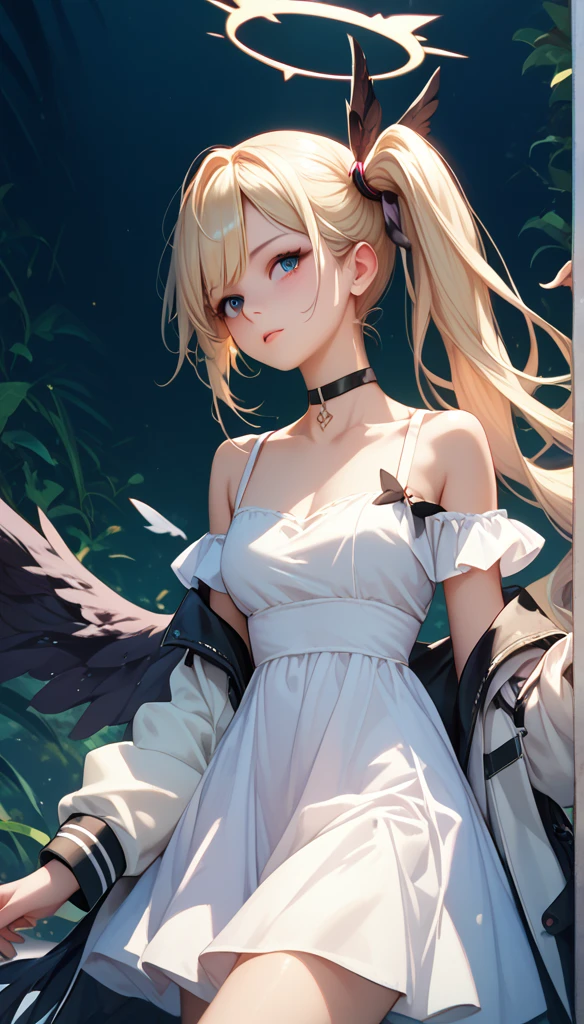  cowboy shooting, ( Black Wings :1.2),   Very Long Hair  ,   side ponytail , choker, Keep,  Off-shoulder, ( white dress :1.3),  White jacket ,Halo,