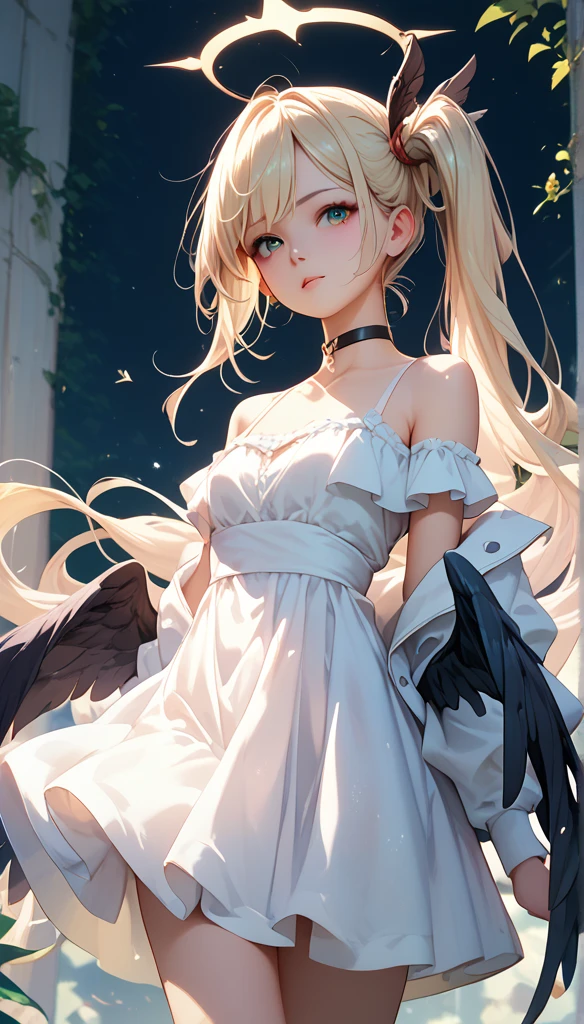  cowboy shooting, ( Black Wings :1.2),   Very Long Hair  ,   side ponytail , choker, Keep,  Off-shoulder, ( white dress :1.3),  White jacket ,Halo,