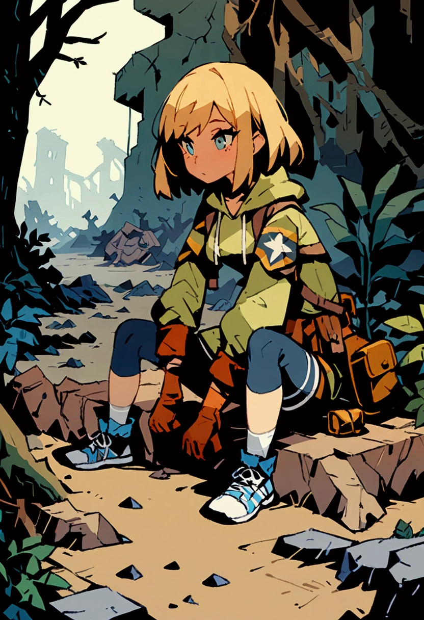 超 Details、 best quality、masterpiece、 cartoon style 、 Details、 best quality、masterpiece、a girl、Beige Hair、 unkempt hair、 medium hair、Short pants、Backpacks、gloves、 hoodie、belt、Pouch、 stockings、Military、sneakers、ruins、tree、plant、 sitting on the ground 、rubble