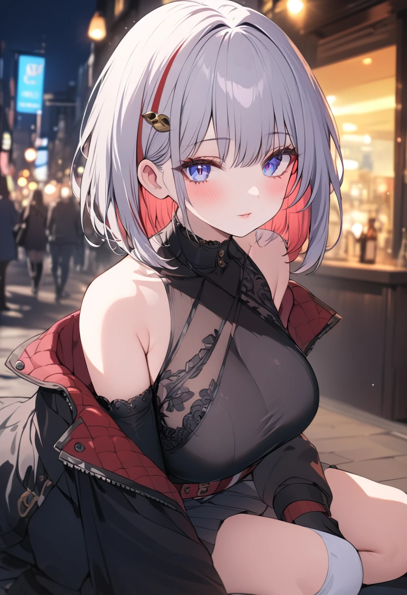 a girl , long sleeves striped turtleneck, brown short coat, off-the-shoulder, black high waist belt, pleated skirt, high top canvas shoes, white socks, beautiful detailed eyes, beautiful detailed lips, extremely detailed eyes and face, long eyelashes, intricate, elegant, fashion style, (best quality, 4k, 8k, highres, masterpiece:1.2), ultra-detailed,HDR, UHD, studio lighting, ultra-fine painting, sharp focus, physically-based rendering, extreme detail description, professional, vivid colors, bokeh, cinematic lighting, warm color tone, city, street, whole body, city background, 1girl, breasts, blue eyes, solo multicolored hair, red hair, black gloves, short hair, grey hair, hair ornament, bare shoulders, streaked hair,
