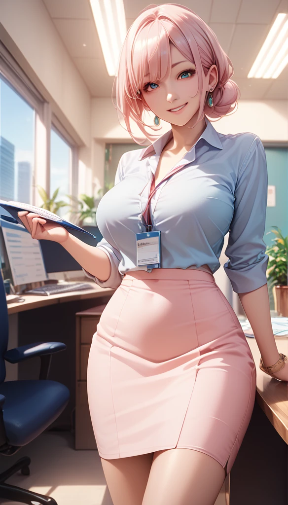 ((masterpiece, Best)), (1 Girl),  light pink hair,  (office lady), Bangs,  big breasts , (Full), ,  Smile, [Wide hips], office,  to a standing, understood  (Blue File), 8k quality,  