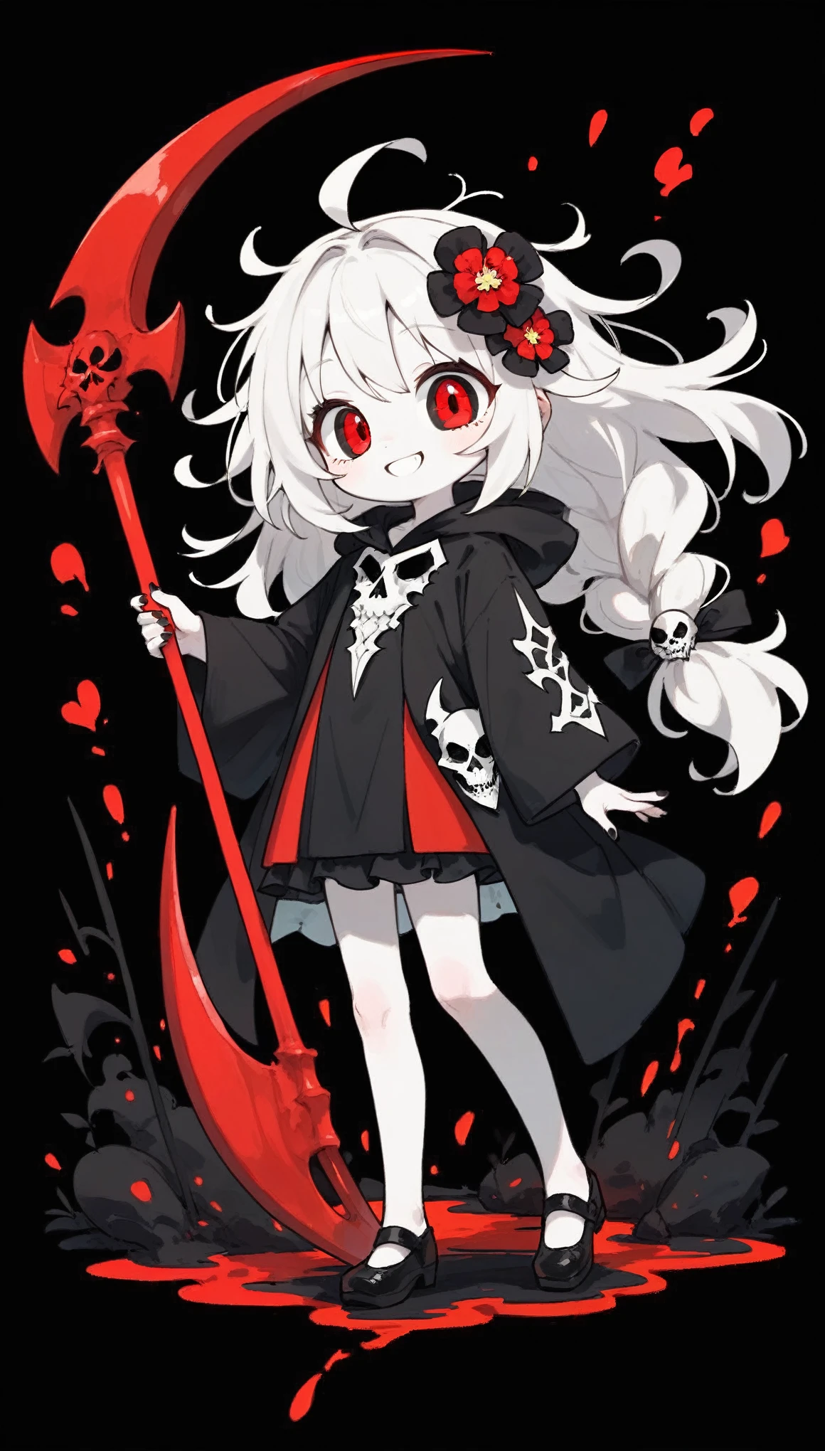 solo,1female\(grim reaper,cute,kawaii,,hair color white,braid hair,messy hair,eye color dark,big eyes,white skin,big smile,enjoy,full body,wearing Grim Reaper's black Robe,(black hood),holding scythe,skip,flower hair ornament,white hair,(body transparent:0.8)\),background\((black sky:1.5),skulls at ground,withered flowers all over the ground,red water\).score_9, score_8_up, score_7_up, score_6_up, score_5_up, score_4_up, source_anime,source_furry,rating_safe,rating_questionable,masterpiece, best quality, perfect anatomy , very aesthetic , absurdres,QIEMANCN