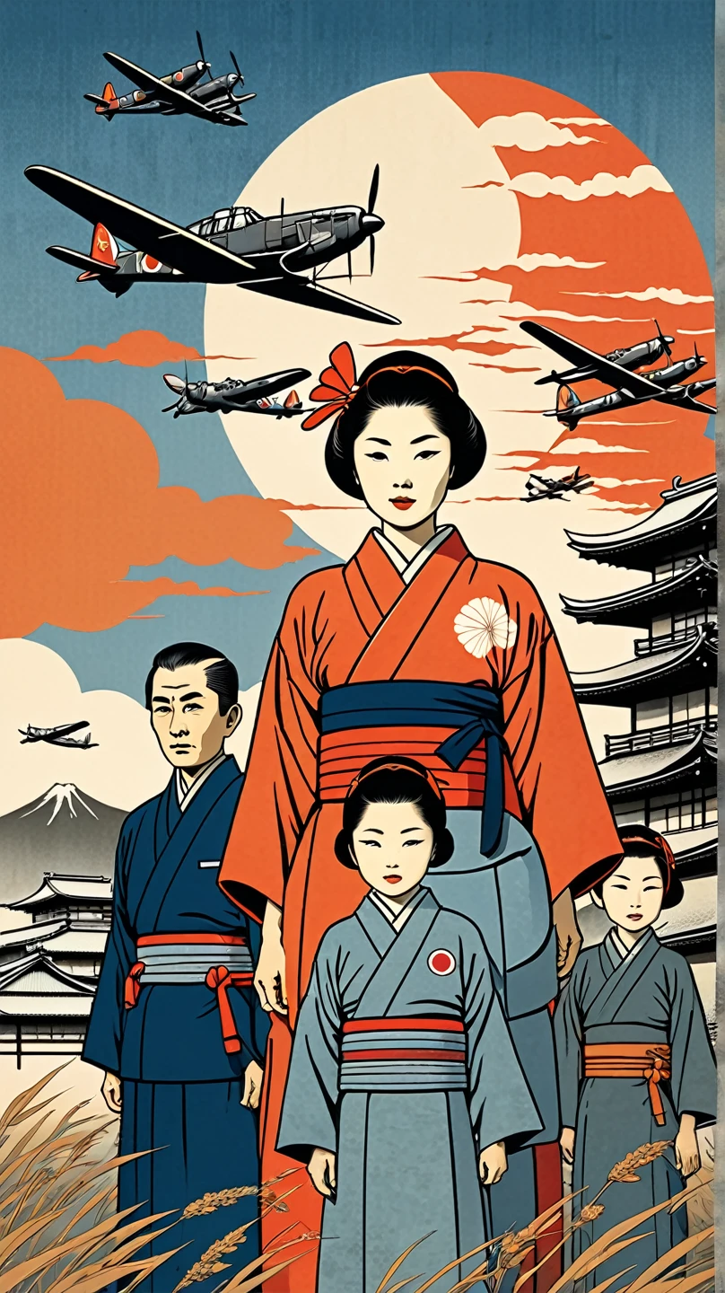 Woodblock print-style cover illustration depicting a Japanese family in WWII-era, monochromatic figures outlined in warm orange against a gradient sky of dusky blue and red. The family members have solemn, reflective expressions, capturing a somber yet resilient atmosphere. Minimalist, textured background featuring faint outlines of wartime airplanes and subtle lines symbolizing distress or hardship. Vintage Japanese typography at the top, evoking a sense of history and poignancy, reminiscent of traditional Japanese art styles.