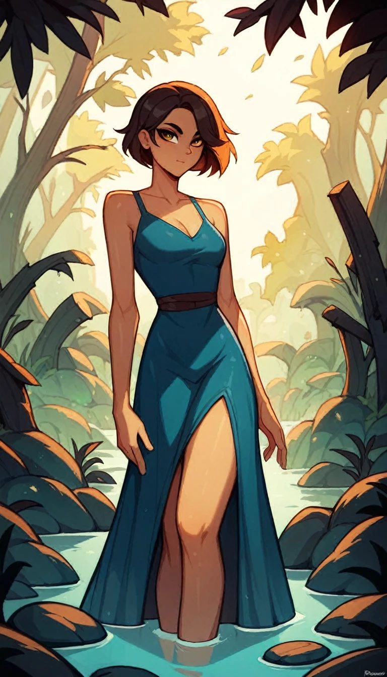 ,  short hair,  dress, drowns in the swamp, in the middle of bog