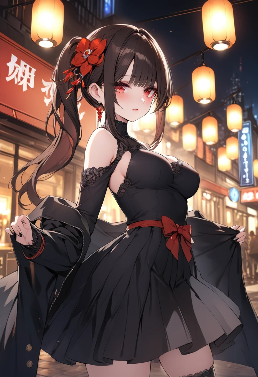 a girl , long sleeves striped turtleneck, brown short coat, off-the-shoulder, black high waist belt, pleated skirt, high top canvas shoes, white socks, beautiful detailed eyes, beautiful detailed lips, extremely detailed eyes and face, perfect breast ,long eyelashes, intricate, elegant, fashion style, (best quality, 4k, 8k, highres, masterpiece:1.2), ultra-detailed,HDR, UHD, studio lighting, ultra-fine painting, sharp focus, physically-based rendering, extreme detail description, professional, vivid colors, bokeh, cinematic lighting, warm color tone, city, street, whole body, city background,  chiori, 1girl, red eyes, brown hair, side ponytail, makeup, hair ornament,