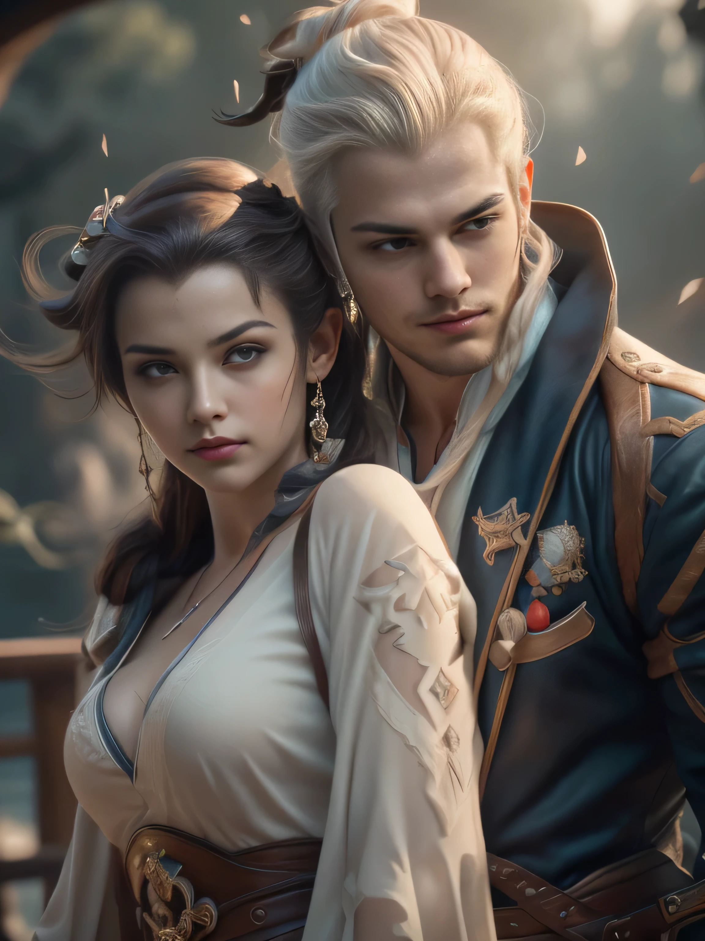 (Best Quality, Super Detail, Masterpiece, Representative Work, Official Art, Professional, Super Fine Detail, 8k:1.3), (Photorealism:1.2), (Couple, Beautiful Girl and Boy), Pirate beauty and handsome man Pirate, Handsome guy hugs beautiful girl from behind, Jolly Roger in the Sky, British Coat of Arms on the Body, Sawed-Off Shotguns, A Crowd of Thugs. They Are Not Afraid of Death, Nimble as Hell, And Stoned with a Plan, The Captain's Pride, (Correct Proportions, Perfect Face, Perfect Eyes, Perfect Hands, Sweet Atmosphere, Photorealistic, Sharp Focus, Dreamy Atmosphere, Delicate Details, Soft Volumetric Light), (Backlight:1.3), (Cinematic:1.2), Intricate Details, (ArtStation:1.3)