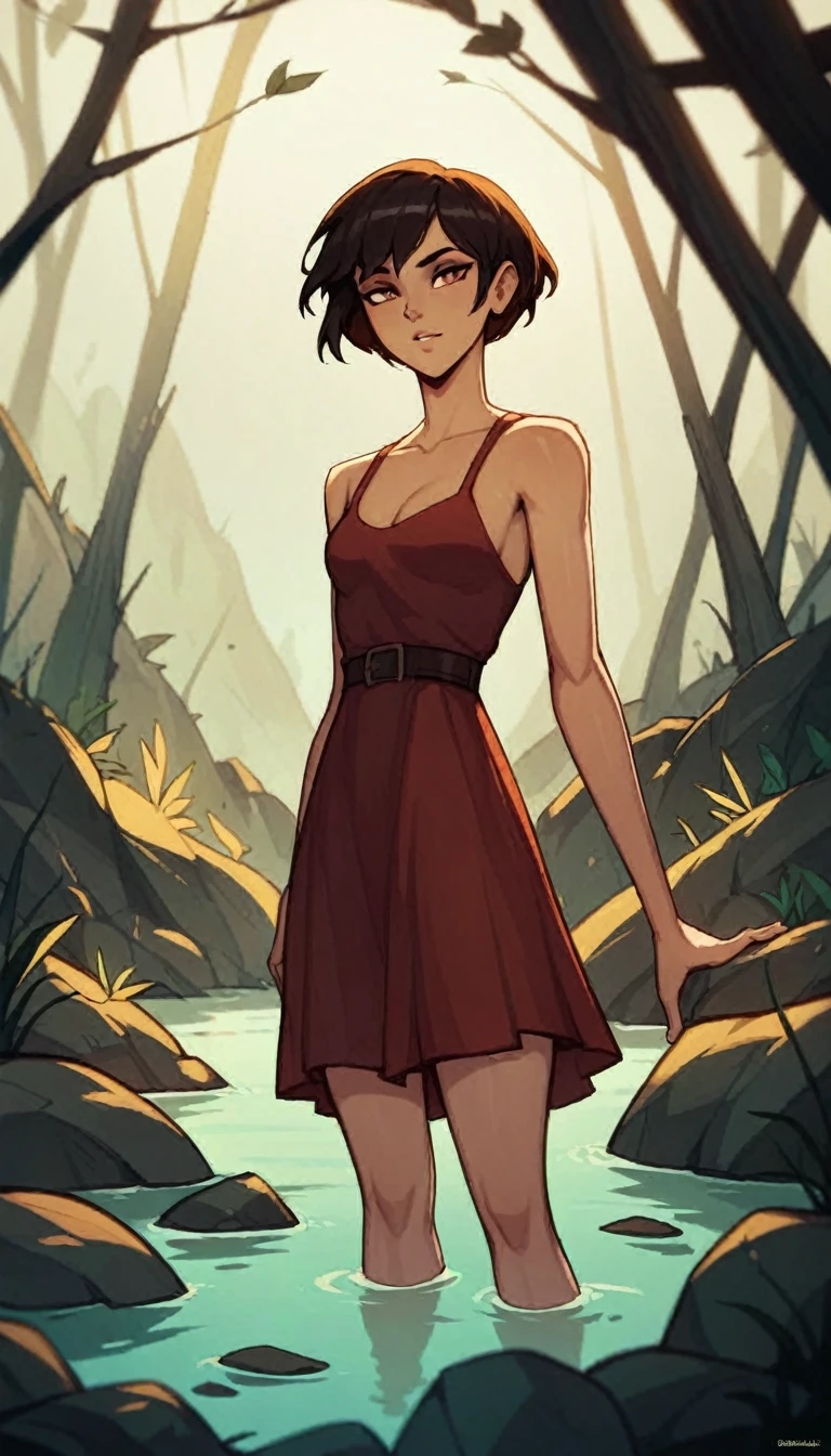 ,  short hair,  dress, drowns in the swamp, 