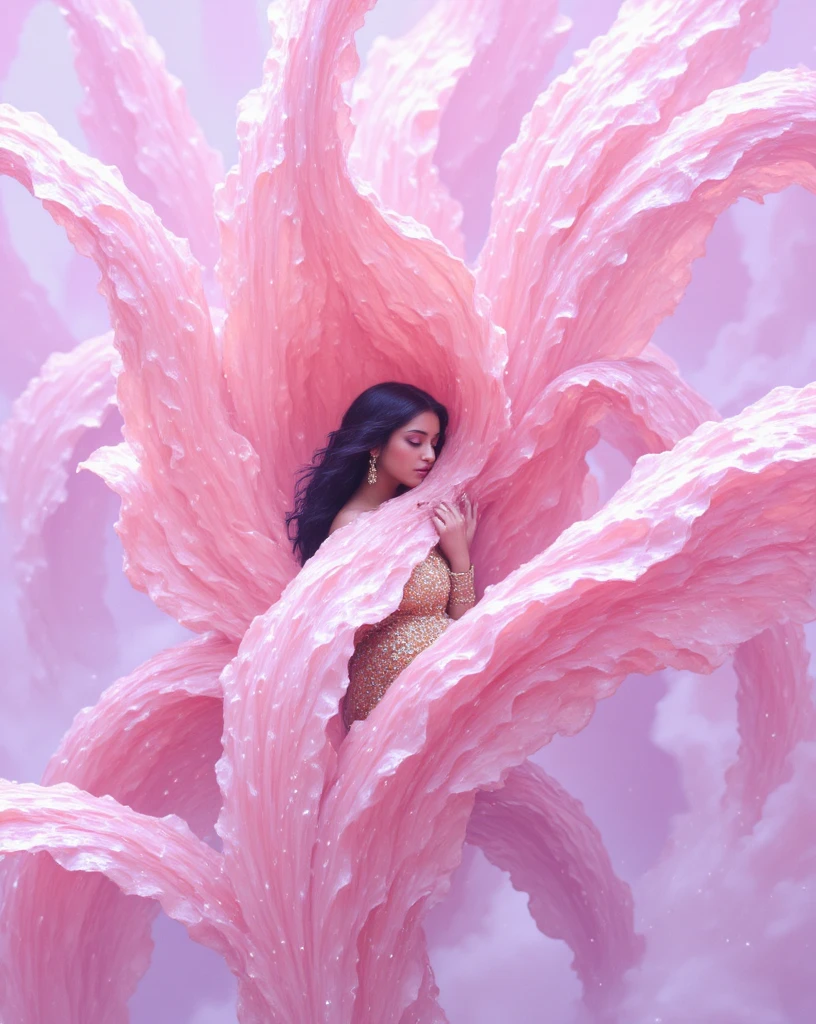 A surreal, dreamlike digital art featuring an enormous blooming crimson lotus flower as the central focus. The petals of the lotus flower are rendered in various shades of pink to red, from light blush to deep rose, with intricate, layered textures creating depth and movement. The color palette transitions smoothly from crimson to soft pink to lavender, adding to the ethereal quality. A Indian woman with very long hair is nestled within the center of the lotus flower, her face visible and serene. She is wearing crimson dark red saree with golden border which is spread over center petals  appears to be embracing herself or resting against the petals, surrounded by their delicate folds. Her eyes are closed, enhancing the tranquil atmosphere. The lighting is soft, diffused, and even, casting gentle shadows that accentuate the texture of the petals and illuminate the scene without harsh contrasts. The composition is centralized, emphasizing the interplay between the subject and the environment. The shallow depth of field keeps the focus on the woman and the immediate area around her, while the rest of the image fades into a blur of more elaborate petal details. The image has high contrast and saturation, contributing to its vibrant appearance. 