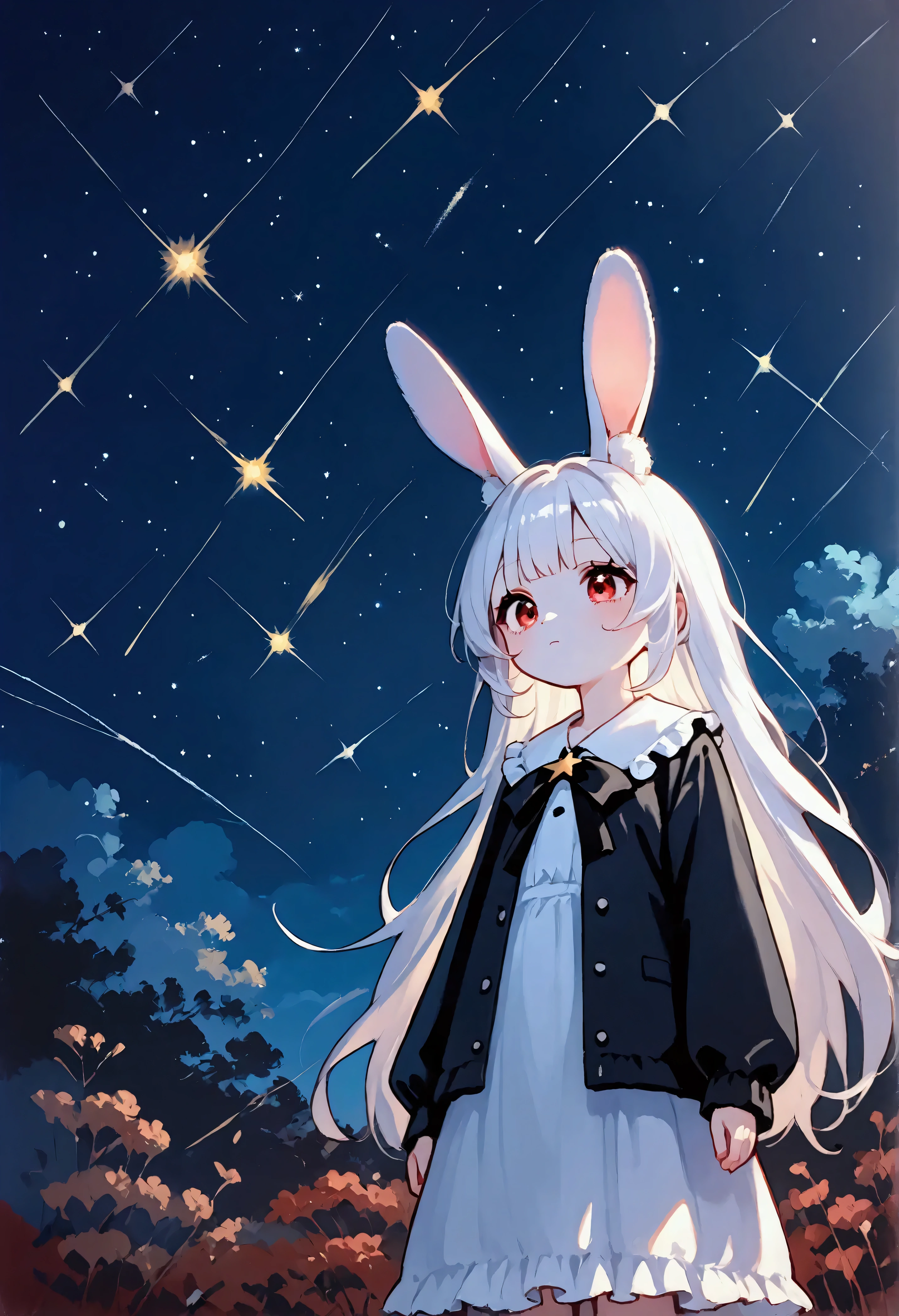 score_9, score_8_up, score_7_up, score_6_up, score_5_up, score_4_up,source_anime, source_furry,rating_safe, BREAK ,solo,1girl,human,cute,kawaii,small ,age of 10,white hair,very long hair,bangs,fluffy white rabbit ear,red eye,big eye,beautiful shiny eye,skin color white,big black hairbow,white frilled dress,breast, BREAK ,at plaza,at night,many beautiful twinkle stars,colorful nebulas,shooting star,from below,soft outline,thick outline.texxt