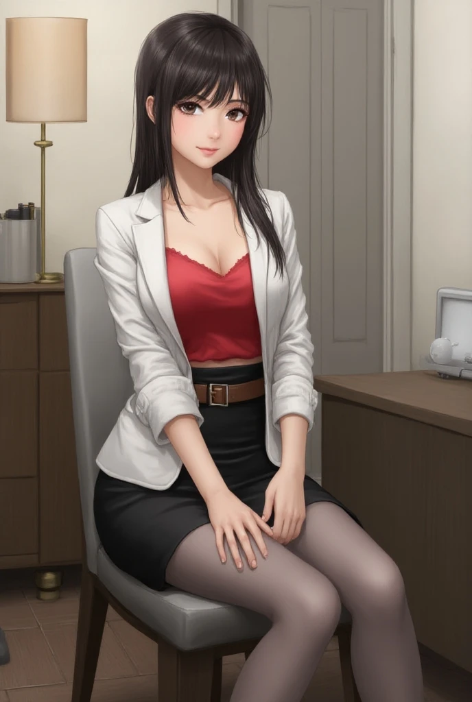 1girl, 34yo sofia takigawa_jav, breasts, eyelashes, looking at viewer, cowboy shot, sitting, crossing legs, dynamite lighting, attractive body, wearing office attire, red blouse, white singlet, belt, black pants, brown knee heel boots 
(ulzzang-6500:0.0), (ultimate quality, masterpiece, highres:1.0), (photorealistic, realistic:1.9),  nice hands,